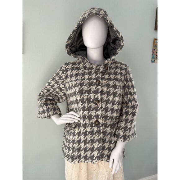 Anthropologie Cropped Houndstooth Hooded Jacket Wool Blend Grey Coat size M - Picture 5 of 10